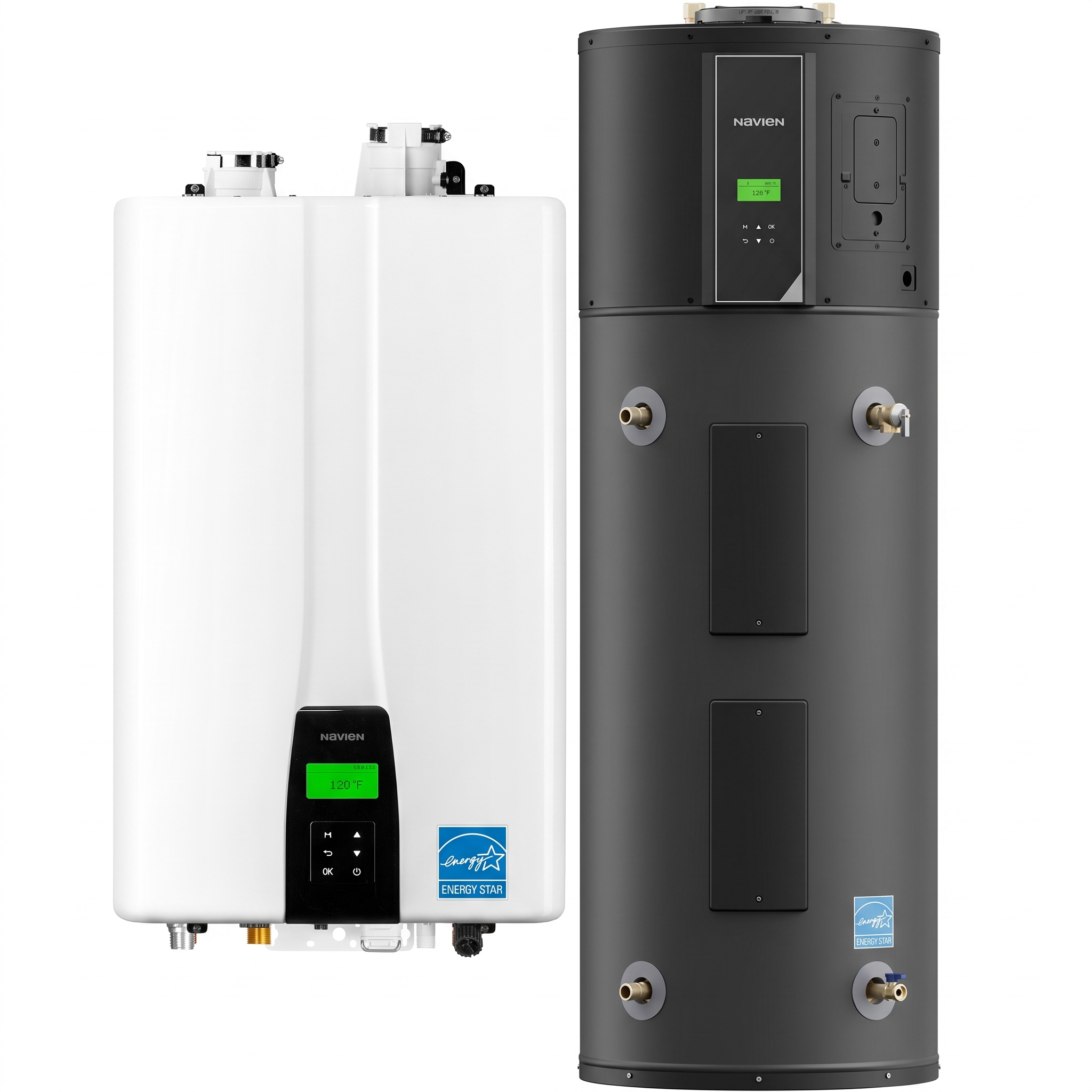 Navien Tankless Water Heater alongside a Hybrid Heat Pump Water Heater